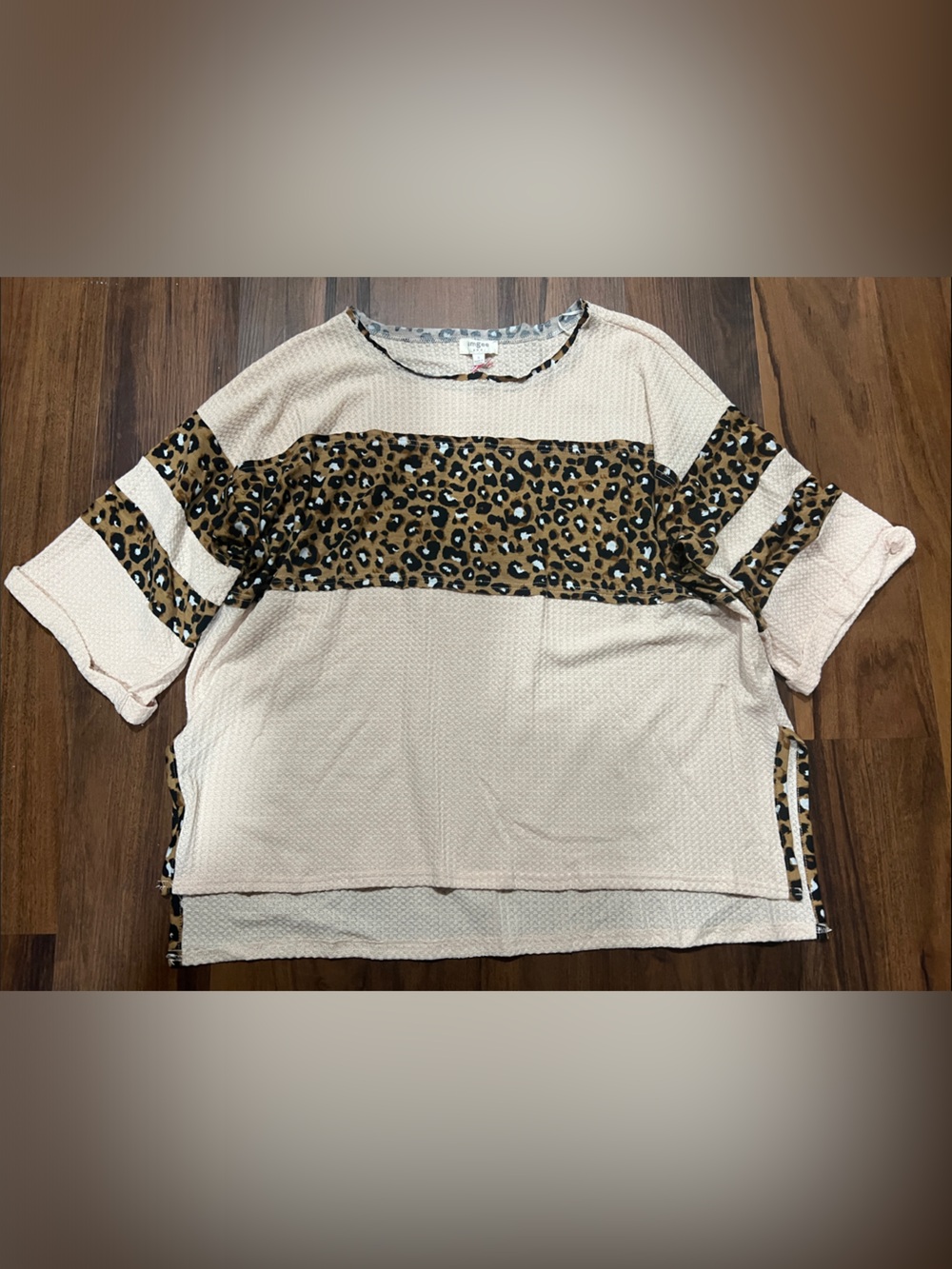 Umgee Cream Top with Leopard Print Panel